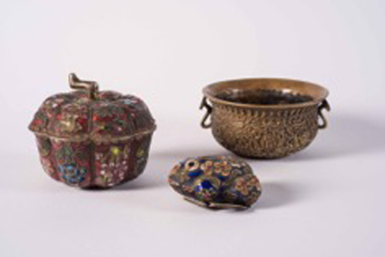 Set of Three Enamelled and Brass Asian Vessels
