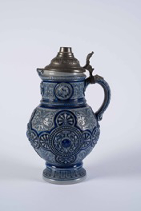 Bavarian Blue Engraved Ceramic Beer Stein with Ornate Metal Lid