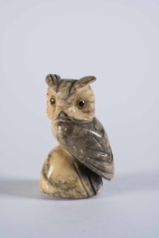 Carved Small Figurine of an Owl with Glass Eyes