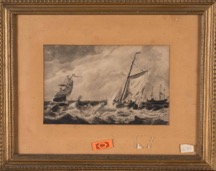Framed Antique Continental Etching of Sailing Ships
