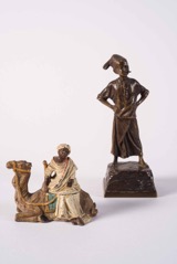 Two Orientalist Style Bronze Sculptures of a Camel Rider and Child; one Cold Painted