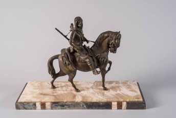 Orientalist Style Bronze Figure of a Man Riding Horse on Marble Base