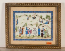 Persian Hand-Painted Suratgari Watercolour in Bone Marquetry Khatam Frame